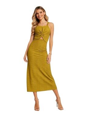 River Island Golden Green Textured Knot Front Midi Dress Size 10